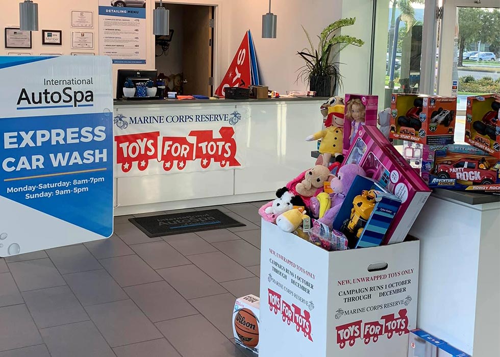 Toys for Tots display at International Auto Spa